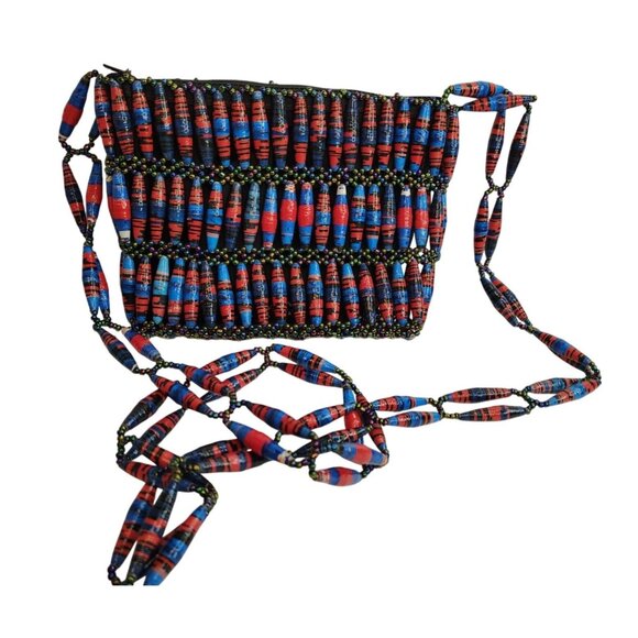 Handmade Rolled Paper Glass Bead Purse, Crossbody Torsade Africa, Red Black Blue - Picture 1 of 4